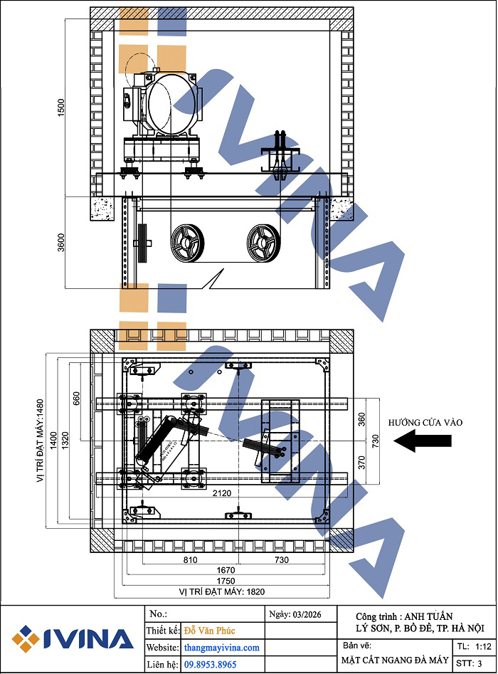Bản vẽ lắp đặt mặt cắt ngang đà máy ngang, hệ truyền trên nóc cabin