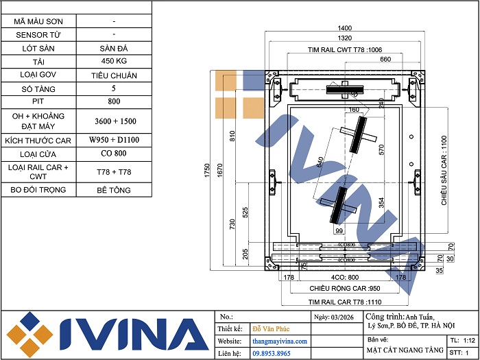 Bản vẽ lắp đặt mặt thang máy gia đình 1400x1750mm
