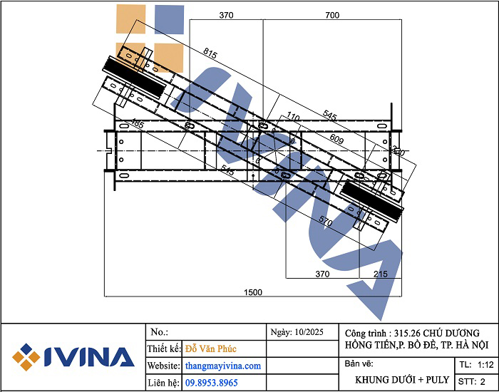 Bản vẽ lắp đặt thang máy gia đình 450kg khung dưới + Puly (Hệ truyền dưới đáy cabin)