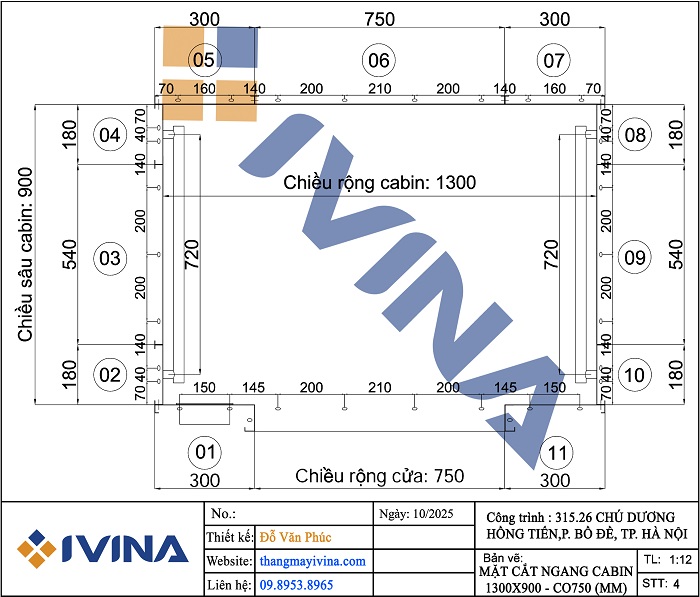 Bản vẽ lắp đặt mặt cắt ngang cabin 1300x900 - CO 750mm, inox sọc nhuyễn xen inox trắng gương