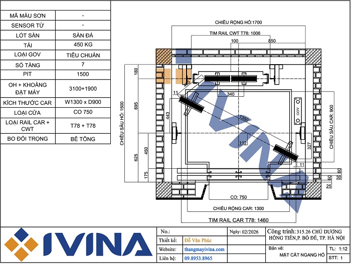 Bản vẽ lắp đặt thang máy gia đình mặt cắt ngang hố thang máy gia đình 1700x1500mm, cabin 1300x900mm