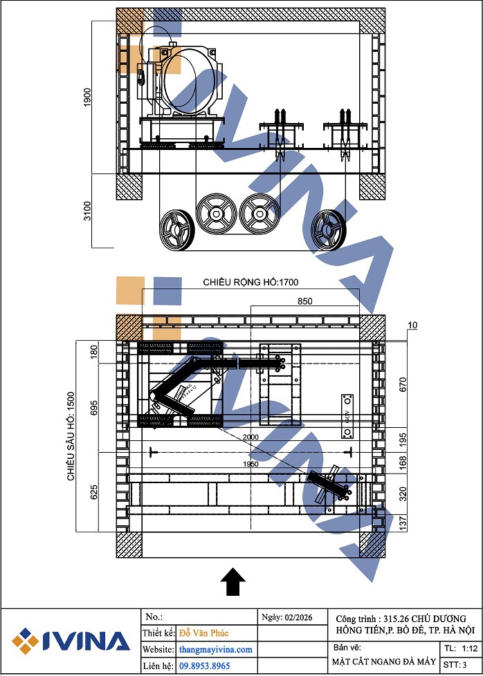 Bản vẽ lắp đặt mặt cắt ngang đà máy ngang, hệ truyền dưới đáy cabin