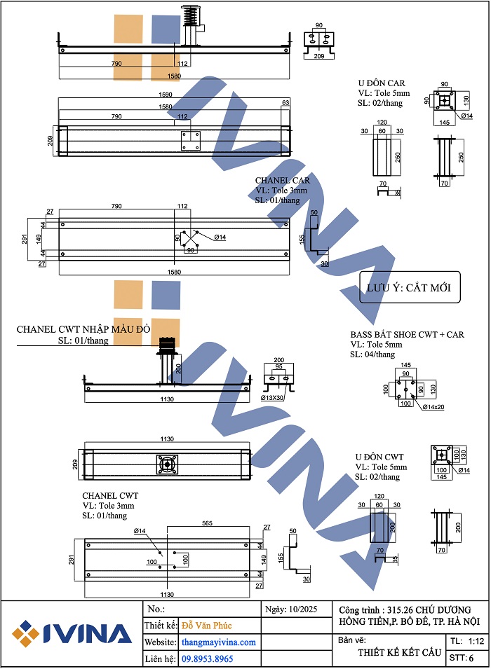 Bản vẽ lắp đặt thiết kế kết cấu dọc hố thang máy 1700x1500mm