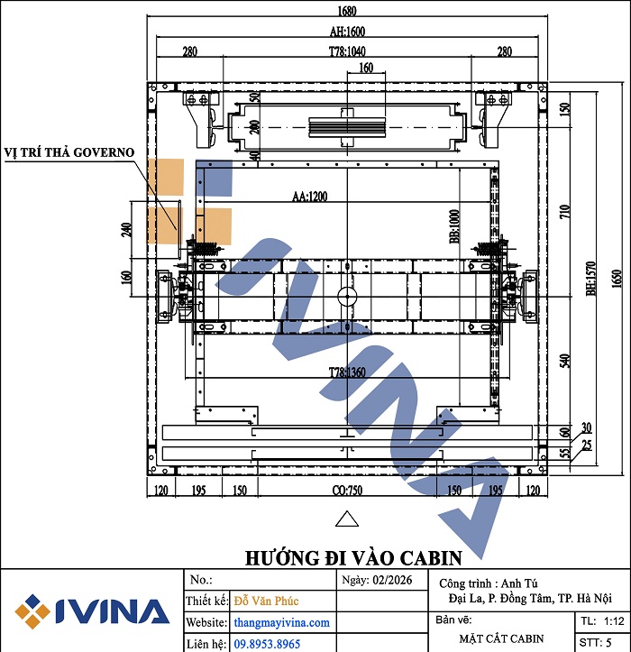 Bản vẽ lắp đặt thang máy gia đình 450kg khung trên + Puly (Hệ truyền trên nóc cabin)