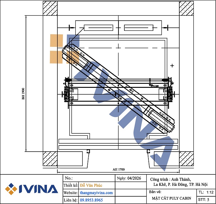 Bản vẽ lắp đặt mặt thang máy gia đình 1700x1900mm