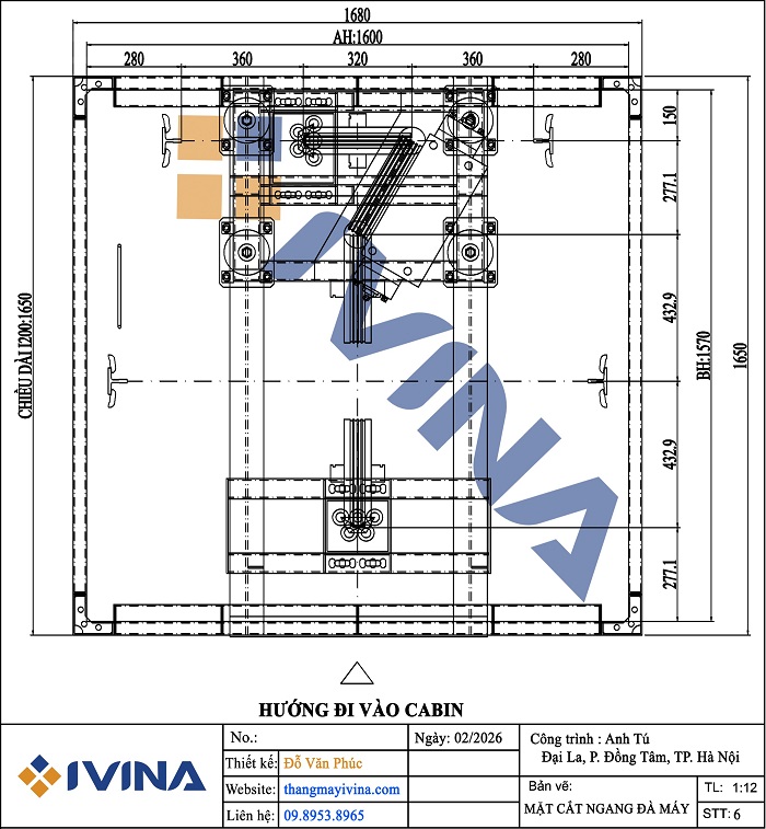 Bản vẽ lắp đặt mặt cắt ngang đà máy ngang, hệ truyền trên nóc cabin