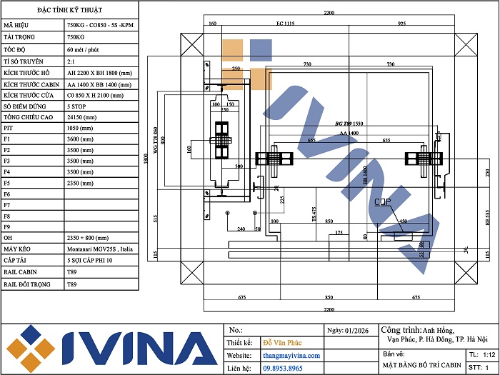 Bản vẽ cabin thang máy 750kg kích thước hố 2200x1800mm, cabin 1400x1400mm