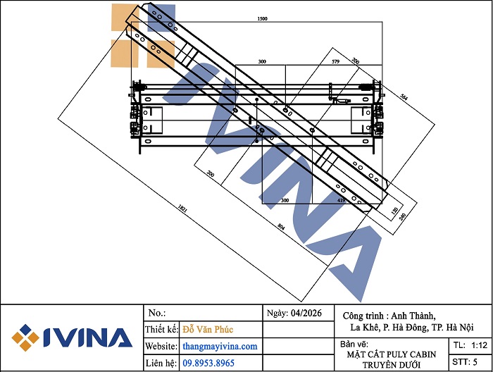 Bản vẽ lắp đặt thang máy gia đình 630kg khung trên + Puly (Hệ truyền trên nóc cabin)