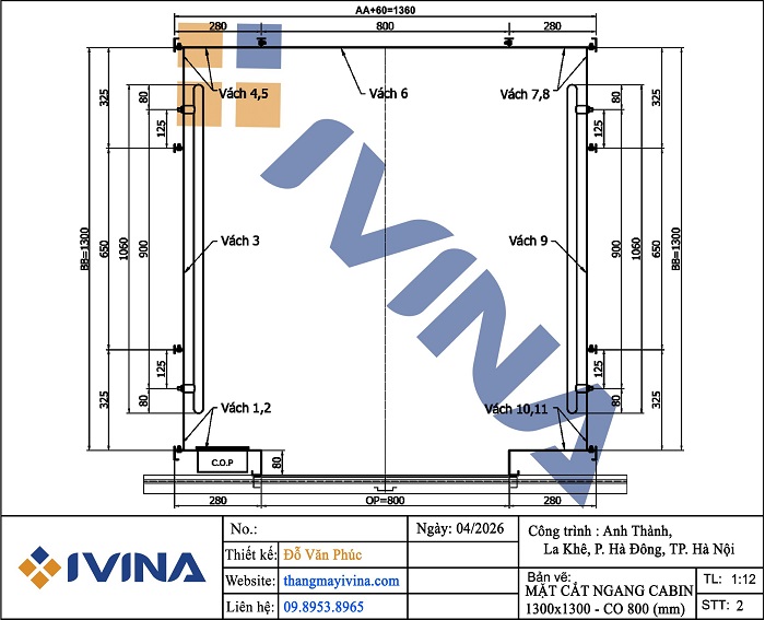 Bản vẽ chi tiết mặt cắt ngang cabin thang máy 630kg kích thước hố 1700x1900 cabin 1300x1300x2400mm