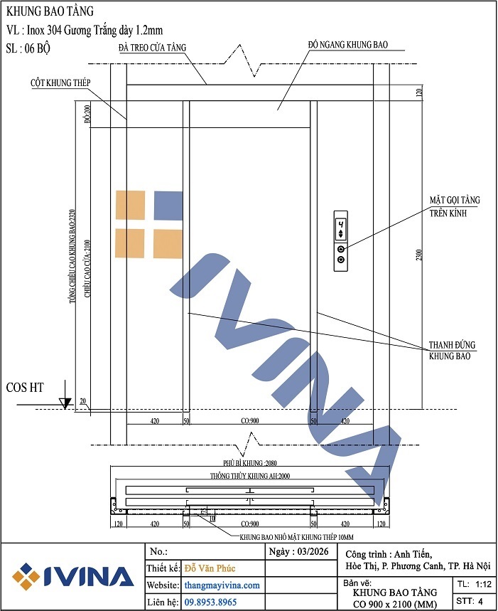 bản vẽ khung bao tầng thang máy tải khách 630kg kích thước CO 900 x 2100mm, kích thước cabin 1300x1050mm