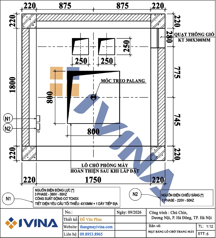 Bản vẽ mặt lỗ chờ phòng máy thang máy 630kg Shanghai Mitsubishi - LEHY III