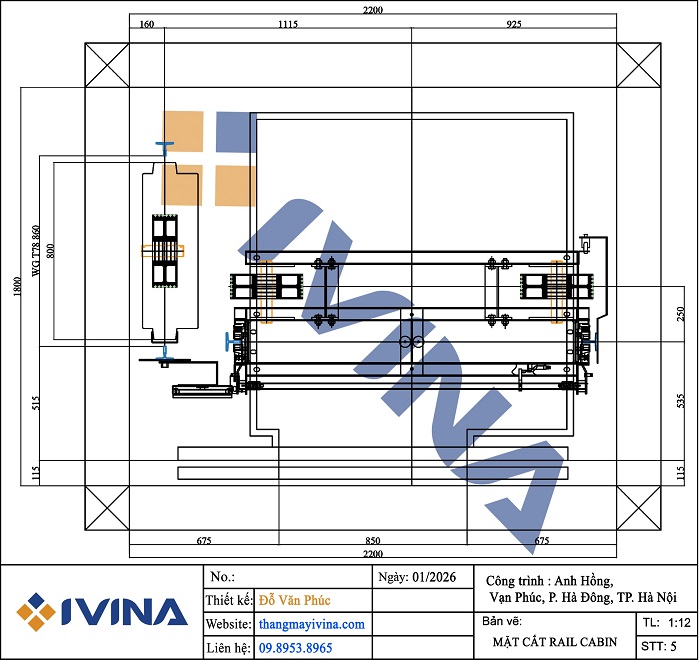 Bản vẽ lắp đặt thang máy gia đình 630kg khung trên + Puly (Hệ truyền trên nóc cabin)
