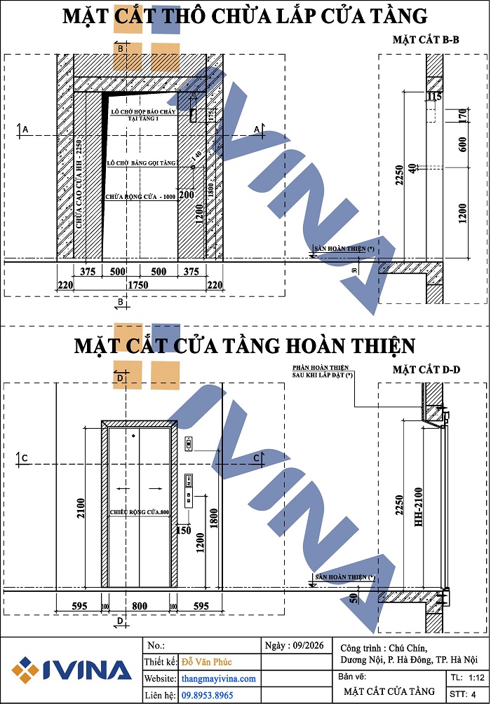 Bản vẽ mặt cắt đứng chừa thô và ốp đá hoàn thiện cửa tầng CO800 x 2100mm