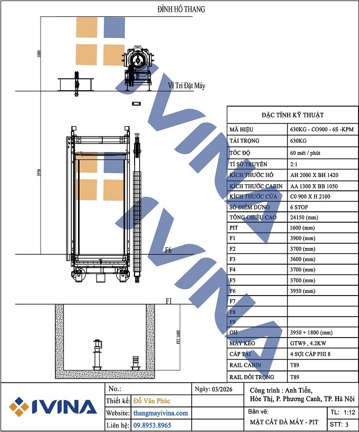 bản vẽ mặt cắt ngang đà máy thang máy tải khách 630kg kích thước khung 2080 x1500, kích thước cabin 1300x1050mm