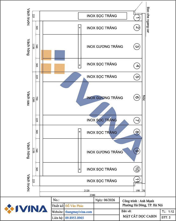 Bản vẽ lắp đặt mặt cắt dọc cabin chi tiết kích thước tấm inox sọc nhuyễn xen inox trắng gương