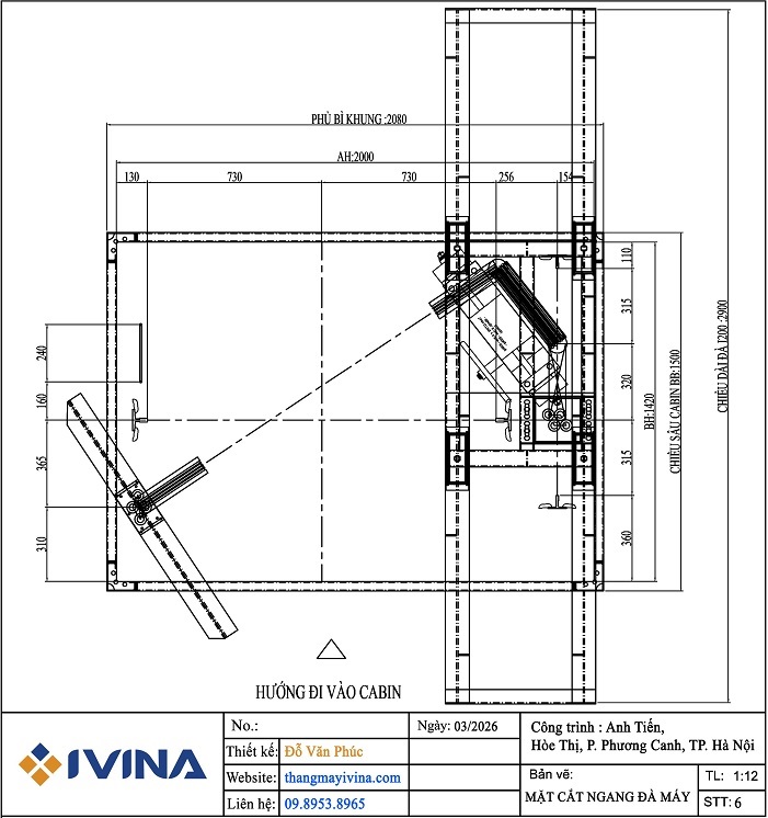 bản vẽ thang máy tải khách 630kg mặt cắt ngang đà máy kích thước khung 2080 x1500, kích thước cabin 1300x1050mm
