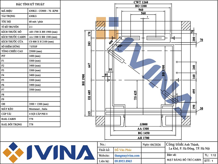 Bản vẽ thang máy gia đình 630kg thiết kế kích thước hố 1700x1900mm kích thước cabin 1300x1300x2400mm