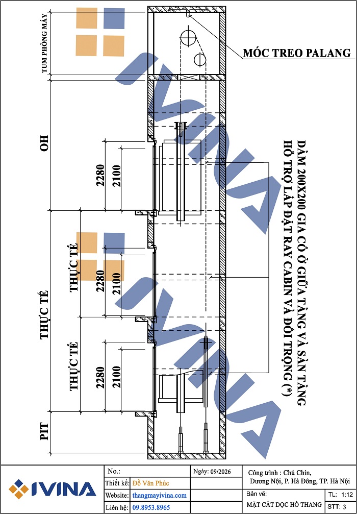 Bản vẽ mặt cắt đứng thông thủy hố thang máy 630KG Shanghai Mitsubishi - Lehy III