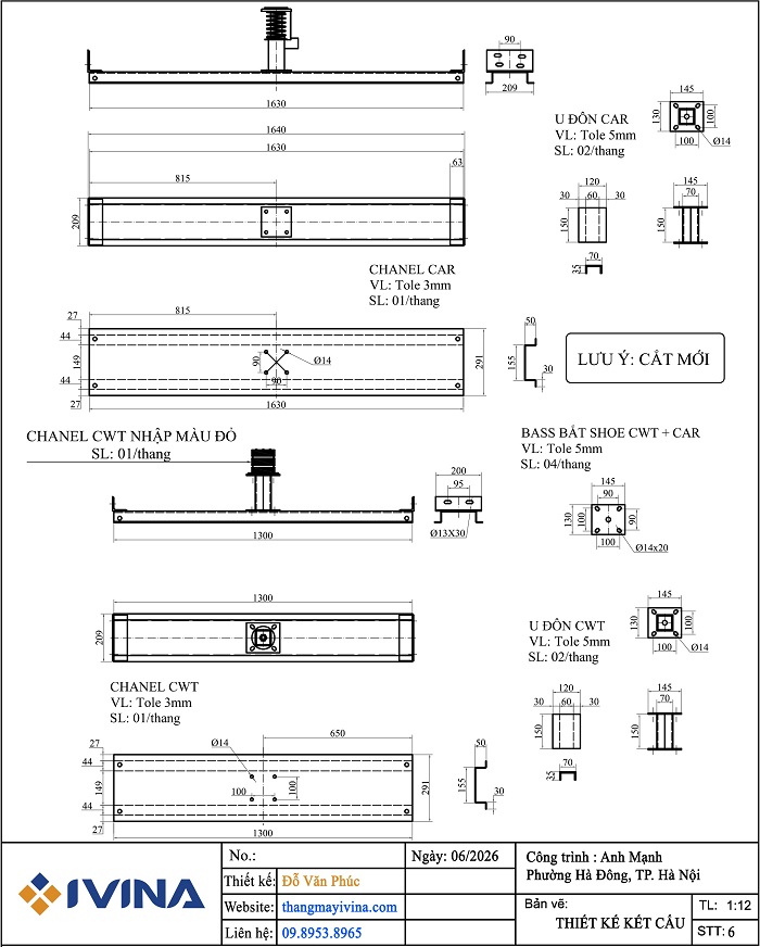 Bản vẽ lắp đặt thiết kế kết cấu dọc hố thang máy 1790x1790mm