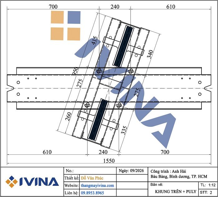 Bản vẽ lắp đặt thang máy gia đình 630kg khung trên + Puly (Hệ truyền trên nóc cabin)
