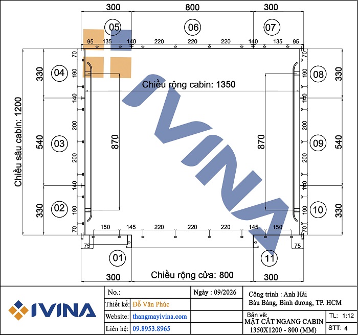 Bản vẽ lắp đặt mặt cắt ngang cabin 1350x1200 - CO 800x2100mm, inox sọc vàng xen inox gương vàng