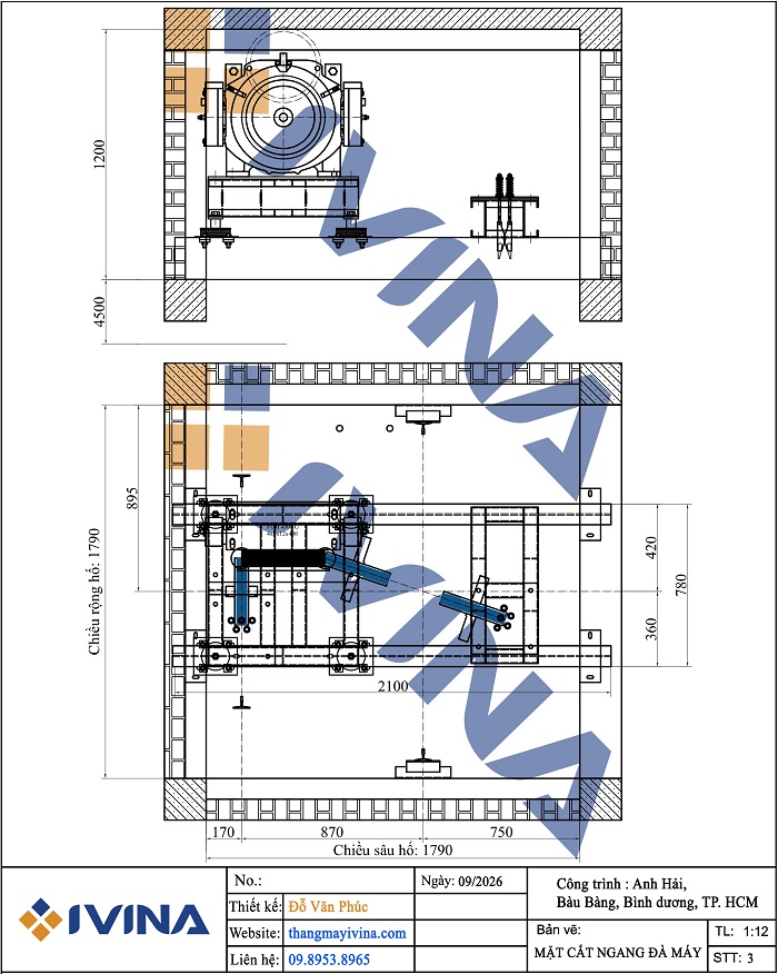 Bản vẽ lắp đặt mặt cắt ngang đà máy ngang, hệ truyền trên nóc cabin