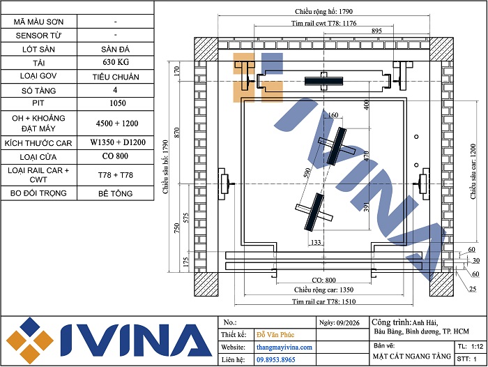 Bản vẽ thiết kế mặt cắt ngang tầng thang máy 630kg kích thước hố thang 1790x1790, cabin 1350x1200, cửa tầng CO800mm