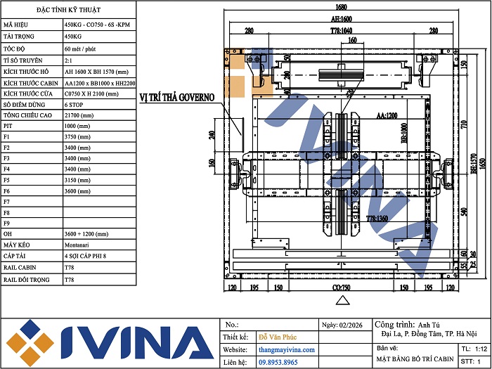 Bản vẽ thang máy kính 450kg kích thước hố 1680x1650 kích thước cabin 1200x1000mm