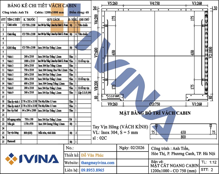 Bản vẽ lắp đặt mặt cắt ngang cabin 1200x1000mm - CO 750x2100mm