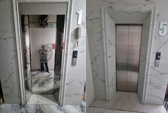 Thang máy tải khách 450kg kích thước Cửa tầng inox trắng gương hoa văn ăn mòn hình trống đồng khung bao bản rộng