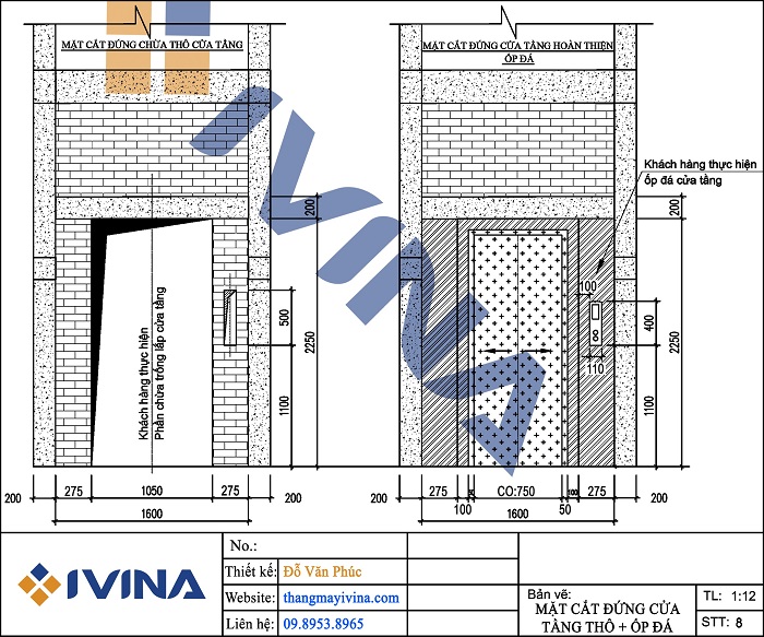cửa tầng co 750x2100mm kích thước cửa tầng thô và hoàn thiện thang máy 450kg