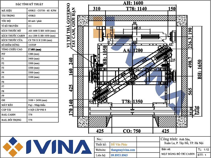 Kích thước thang máy tải khách 450kg, thông thủy hố thang 1600x1650mm, cabin 1200x1050mm, thang máy gia đình cửa CO 750mm mở tim lùa 2 cánh