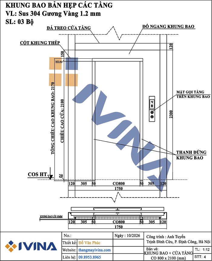 Kích thước chi tiết chính khung bao bản hẹp cửa tầng CO800 x 2100mm