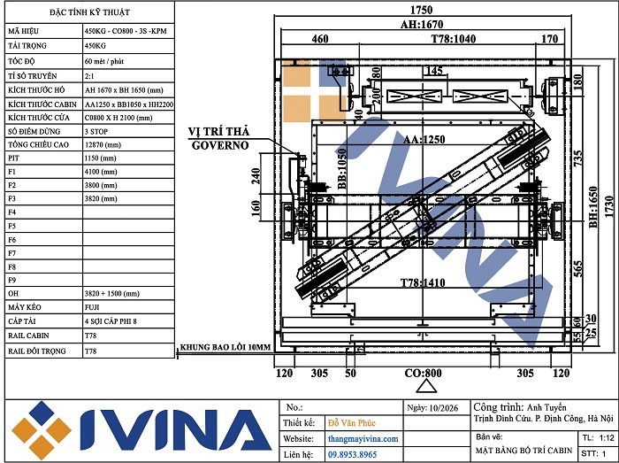 kích thước thang máy kính 450kg cabin 1250x1050 kích thước thông thủy đã dựng khung thép 1670x1650mm