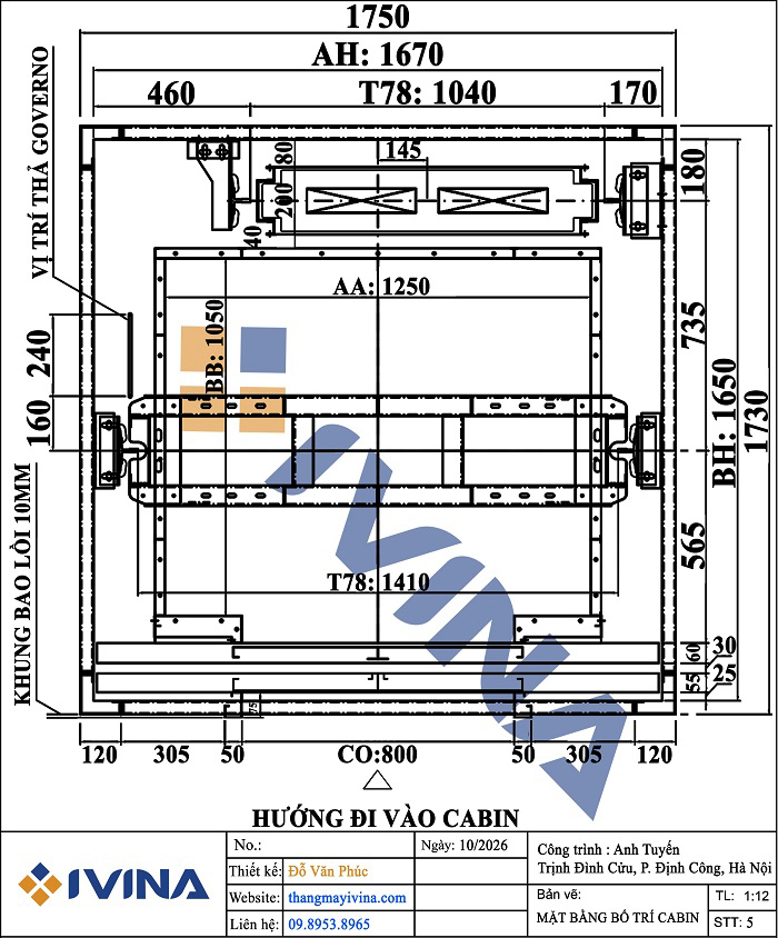 Kích thước lắp đặt bản vẽ thang máy gia đình 1670x1650mm