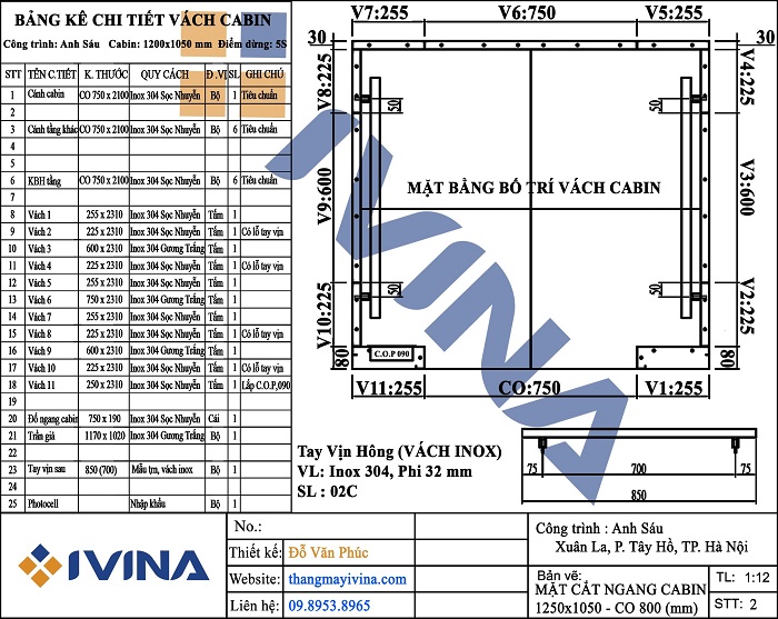 Bảng kê chi tiết vách cabin thang máy 450kg kích thước cabin 1200x1050mm