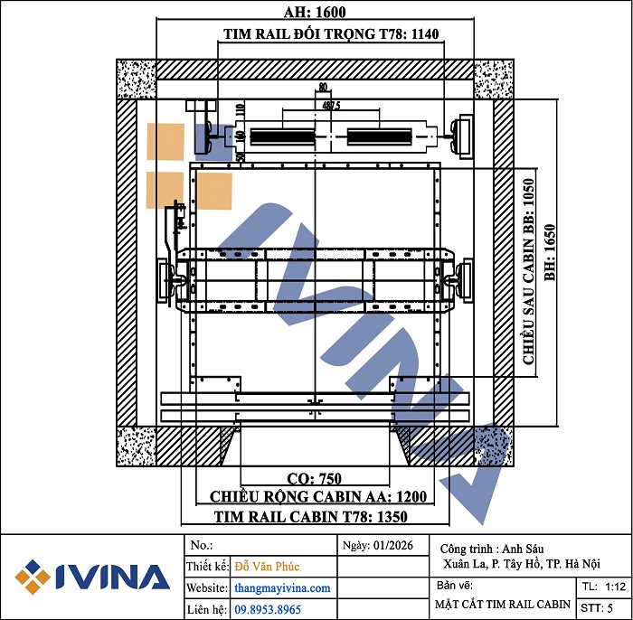 Kích thước thang máy 450kg mặt cắt tim rail cabin