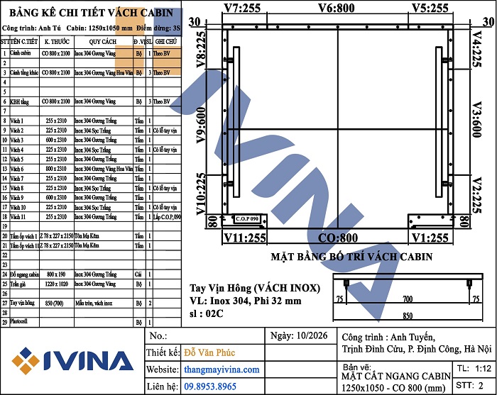 Kích thước lắp đặt mặt cắt ngang cabin 1250x1050mm - CO 890x2100mm