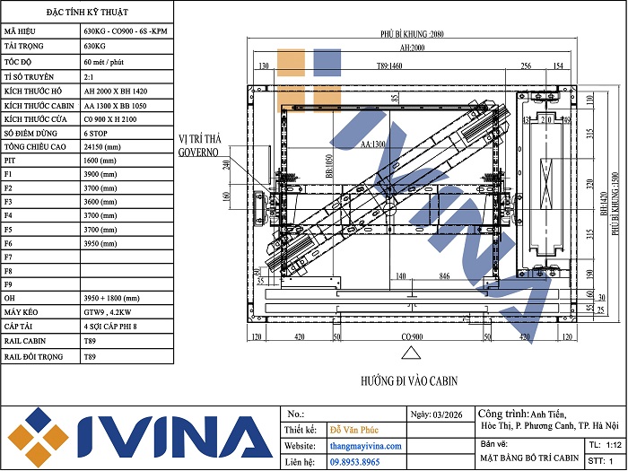 Bản vẽ thang máy kính 630Kg kích thước phủ bì khung 2280x1500mm, kích thước cabin 1300 x 1050 mm