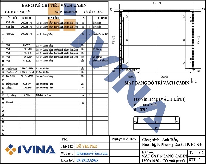 bản vẽ mặt cắt ngang cabin thang máy tải khách 630kg kích thước cabin 1300x1050mm