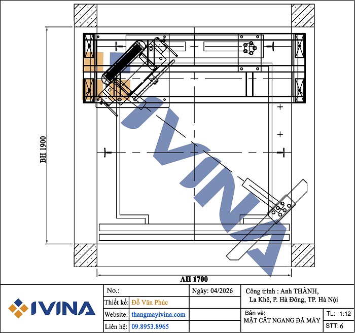 Bản vẽ mặt cắt ngang đà máy kích thước hố 1700x1900mm thang máy 630kg