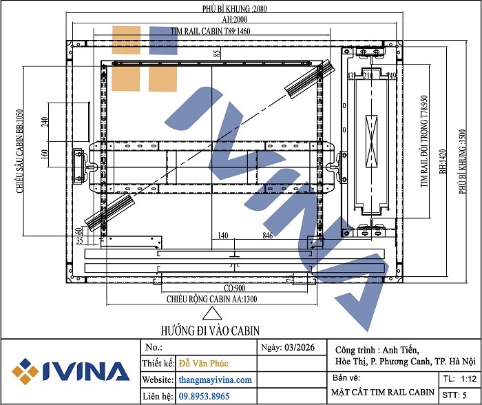 bản vẽ mặt cắt tim rail thang máy tải khách 630kg kích thước khung 2080 x1500, kích thước cabin 1300x1050mm
