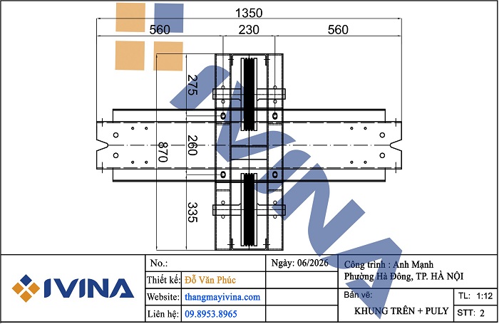 Bản vẽ lắp đặt thang máy gia đình 450kg khung dưới + Puly (Hệ truyền trên nóc cabin)