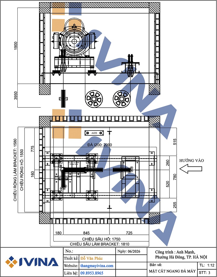 Bản vẽ lắp đặt mặt cắt ngang đà máy ngang, hệ truyền trên nóc cabin