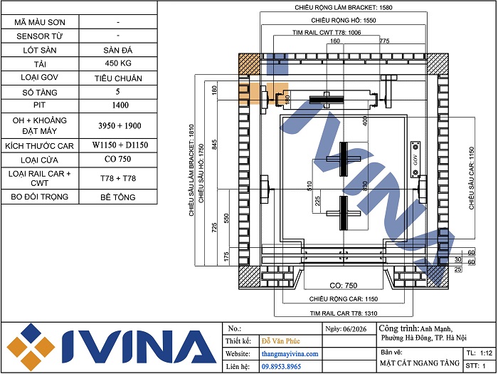 Bản vẽ lắp đặt mặt thang máy gia đình 1550x1750mm mặt cắt ngang tầng