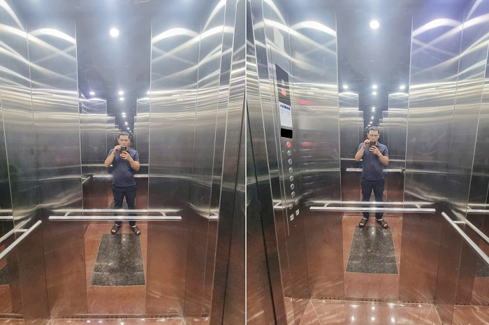 Vách cabin trái và phải inox sọc nhuyễn xen inox trắng gương
