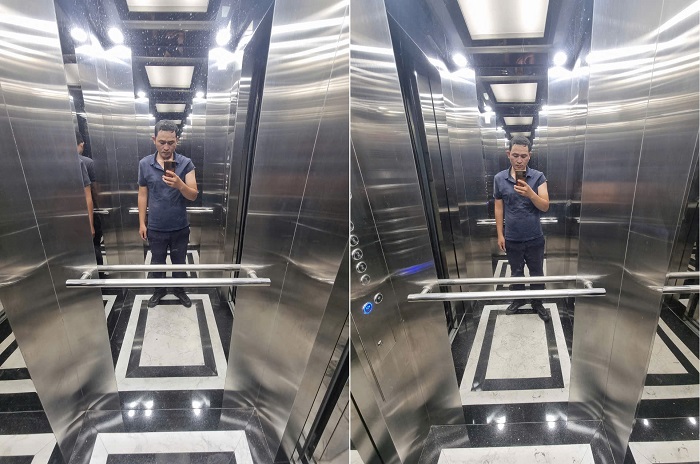 Vách cabin trái và phải inox sọc nhuyễn xen inox trắng gương
