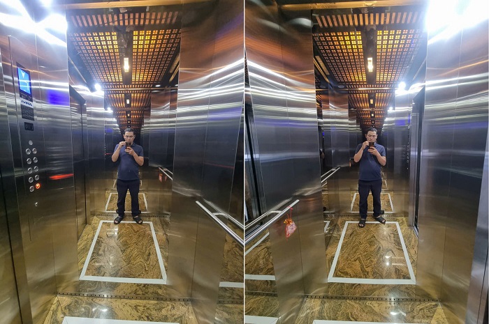 Vách trái phải cabin thang máy 1450x1350x2400mm inox sọc nhuyễn xen inox trắng gương thang máy gia đình tải khách 750kg